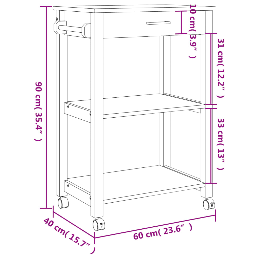 vidaXL Carrito de cocina MONZA madera maciza de pino 60x40x90 cm