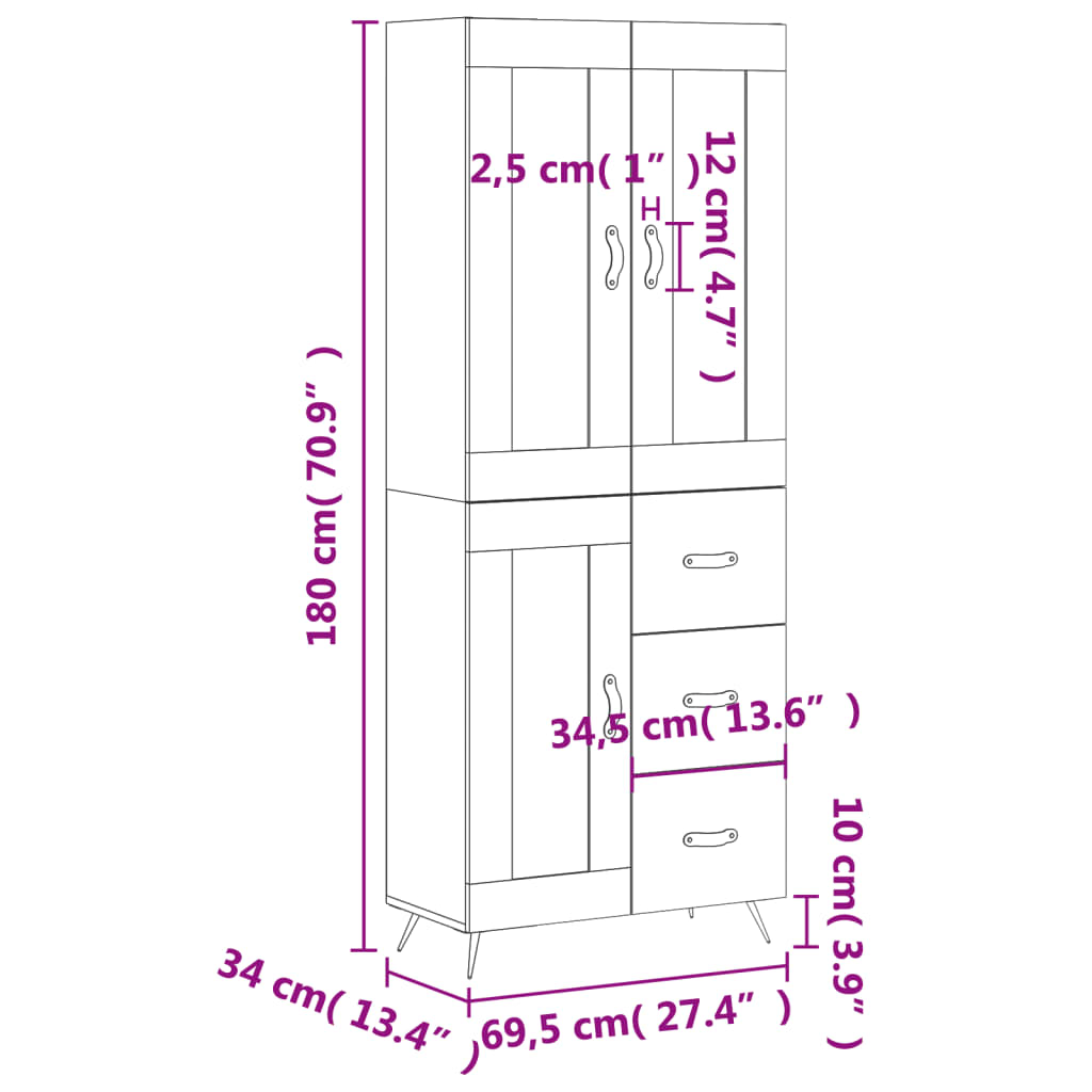 vidaXL Aparador alto madera contrachapada negro 69,5x34x180 cm