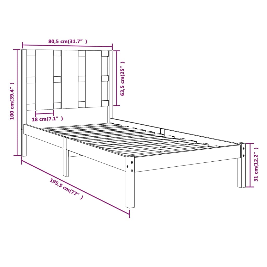 vidaXL Estructura de cama madera maciza individual blanco 75x190 cm