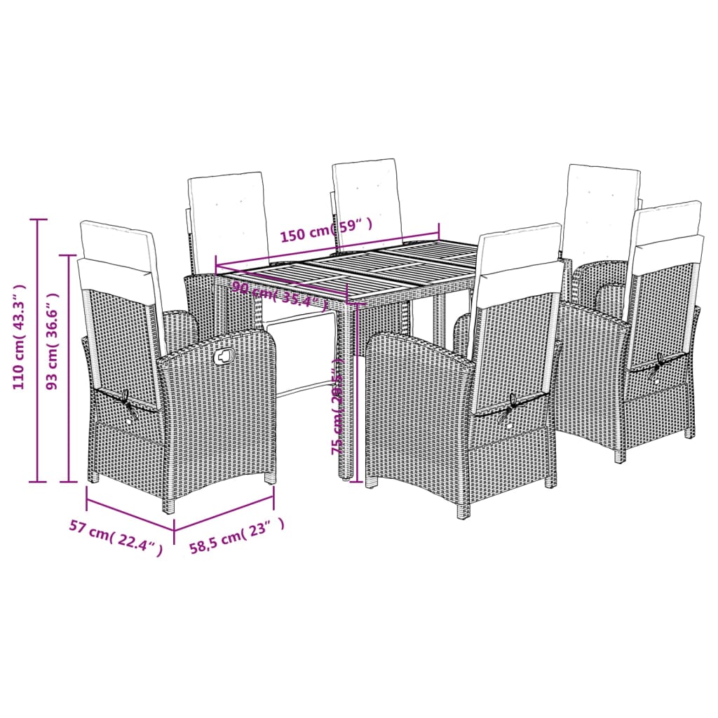 vidaXL Set comedor jardín 7 pzas y cojines ratán sintético gris