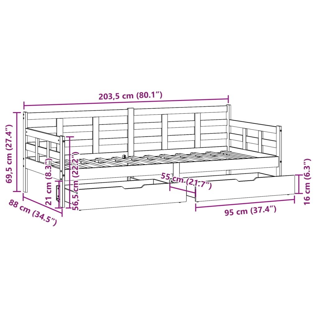 vidaXL Sofá cama con cajones madera maciza de pino blanca 80x200 cm