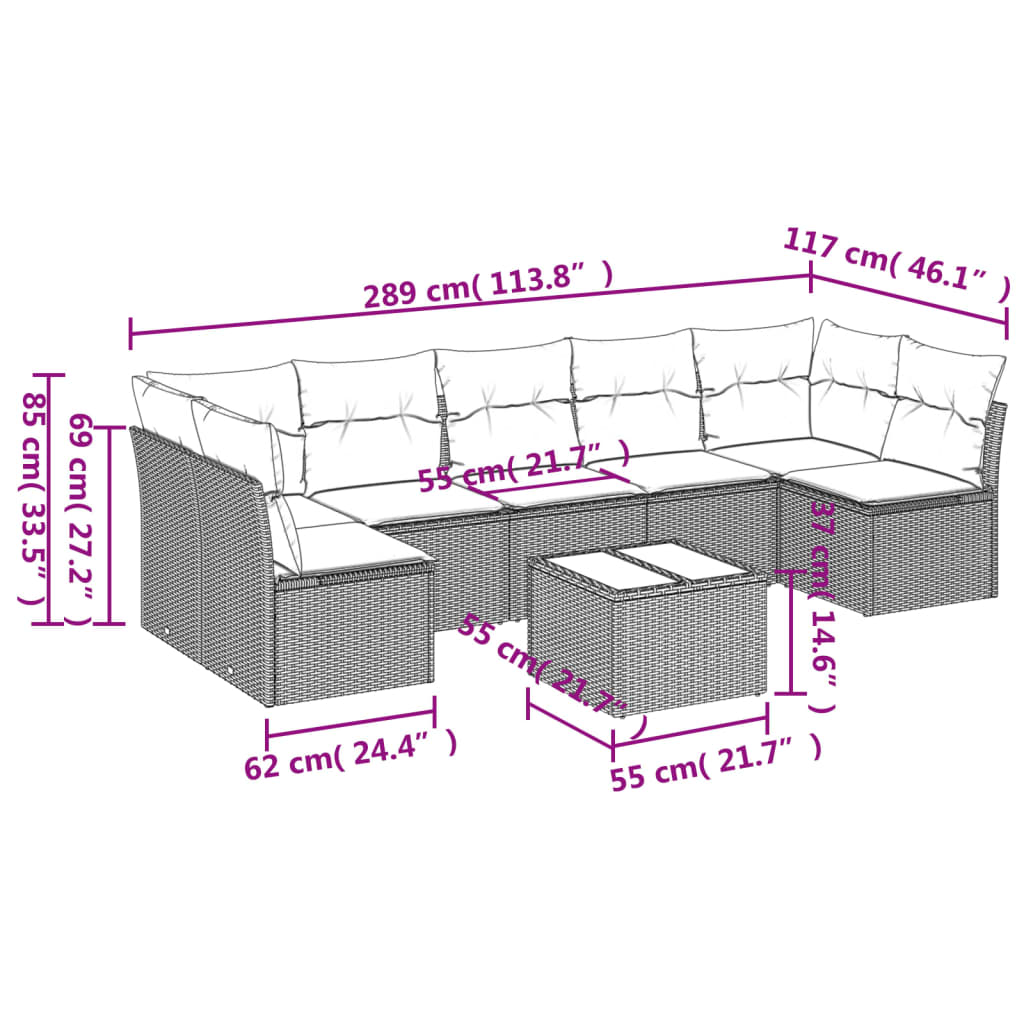 vidaXL Set de sofás de jardín 8 pzas y cojines ratán sintético gris