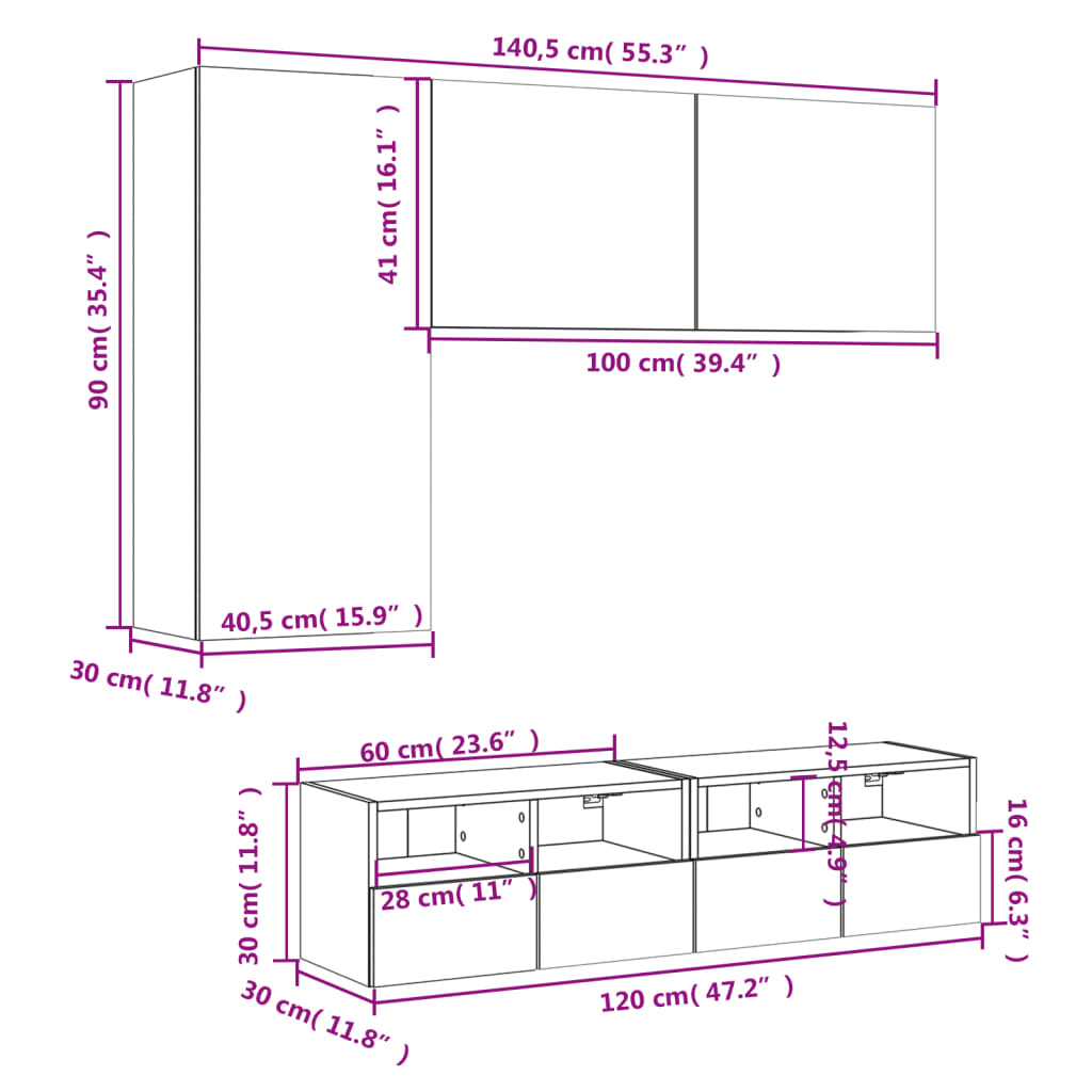 vidaXL Muebles de TV de pared 4 pzas madera de ingeniería gris Sonoma