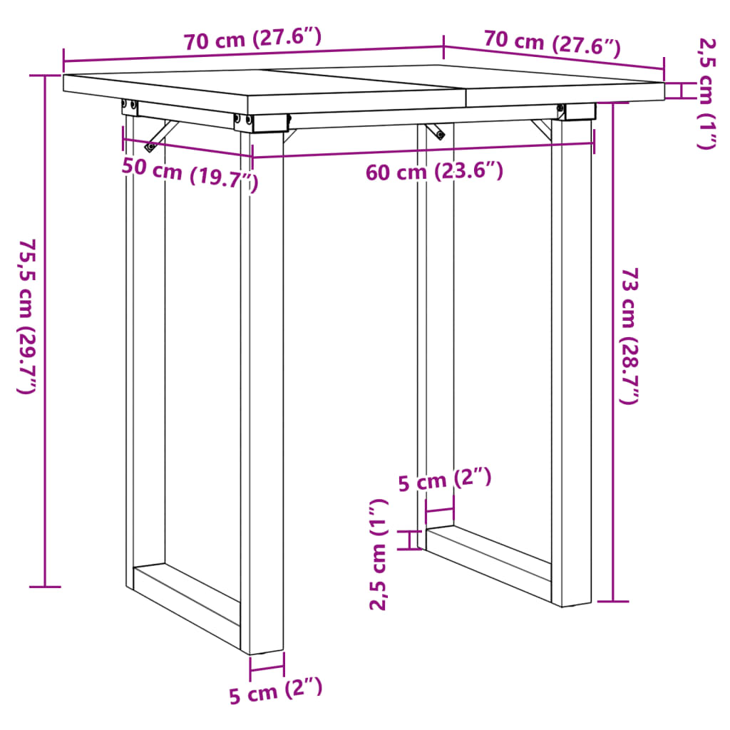 vidaXL Mesa comedor marco O madera maciza pino y hierro 70x70x75,5 cm