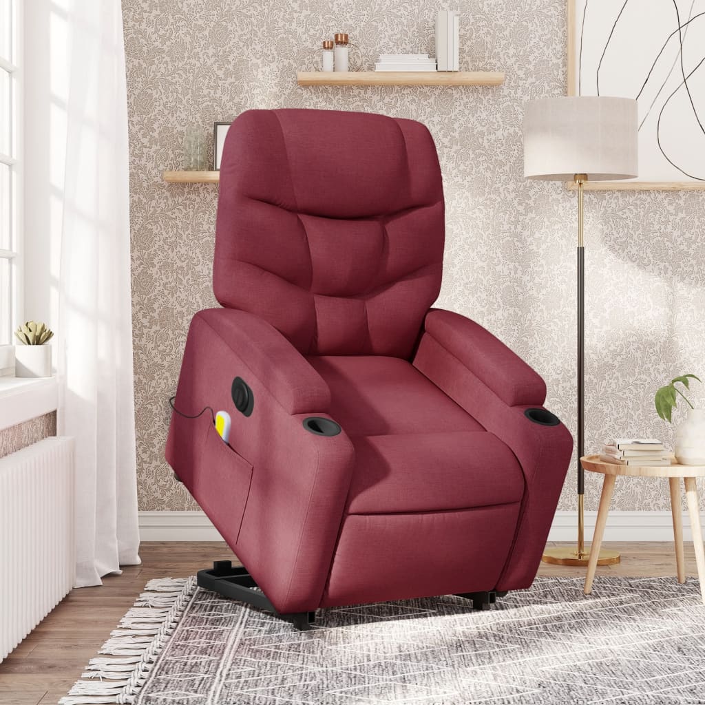 vidaXL Sillón de masaje elevable eléctrico tela rojo tinto