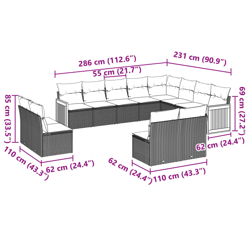 vidaXL Set de sofás de jardín 12 pzas y cojines ratán sintético marrón