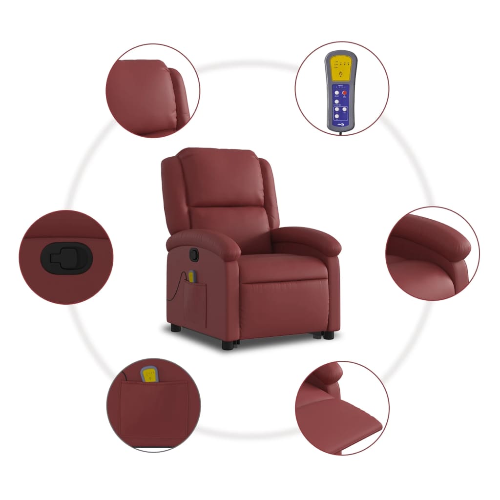 vidaXL Sillón reclinable de masaje de pie cuero artificial rojo tinto