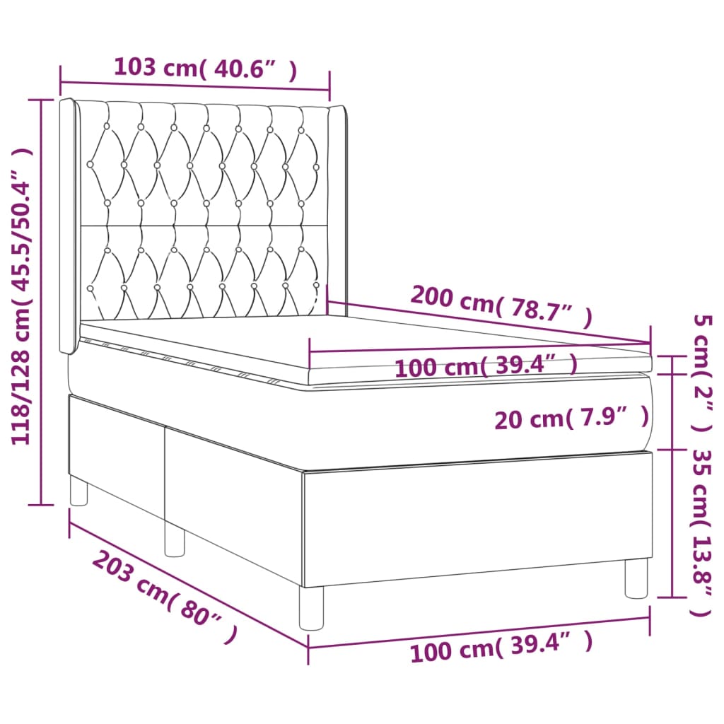 vidaXL Cama box spring colchón y luces LED tela gris claro 100x200 cm