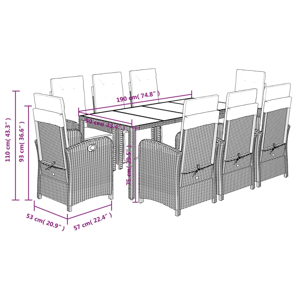 vidaXL Set de comedor de jardín 9 pzas y cojines ratán sintético negro