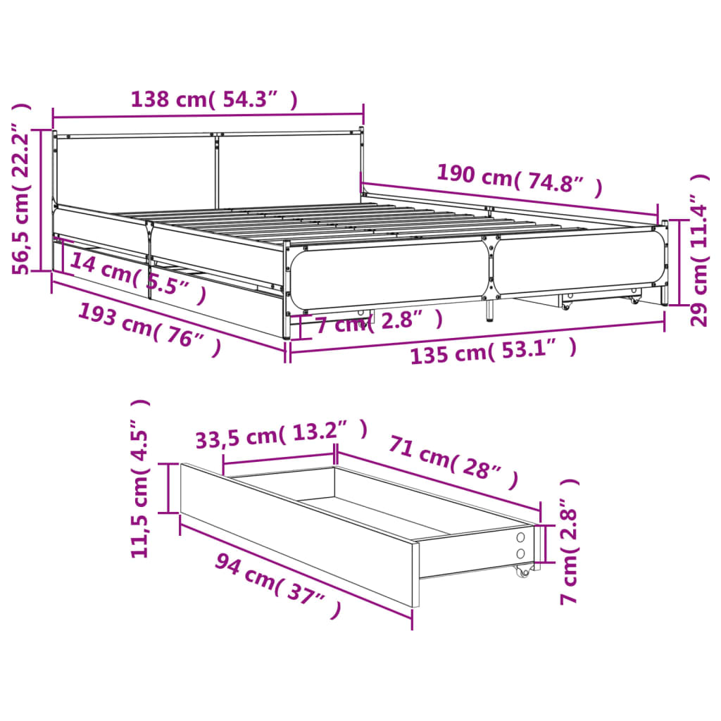 vidaXL Cama con cajones madera de ingeniería gris Sonoma 135x190 cm