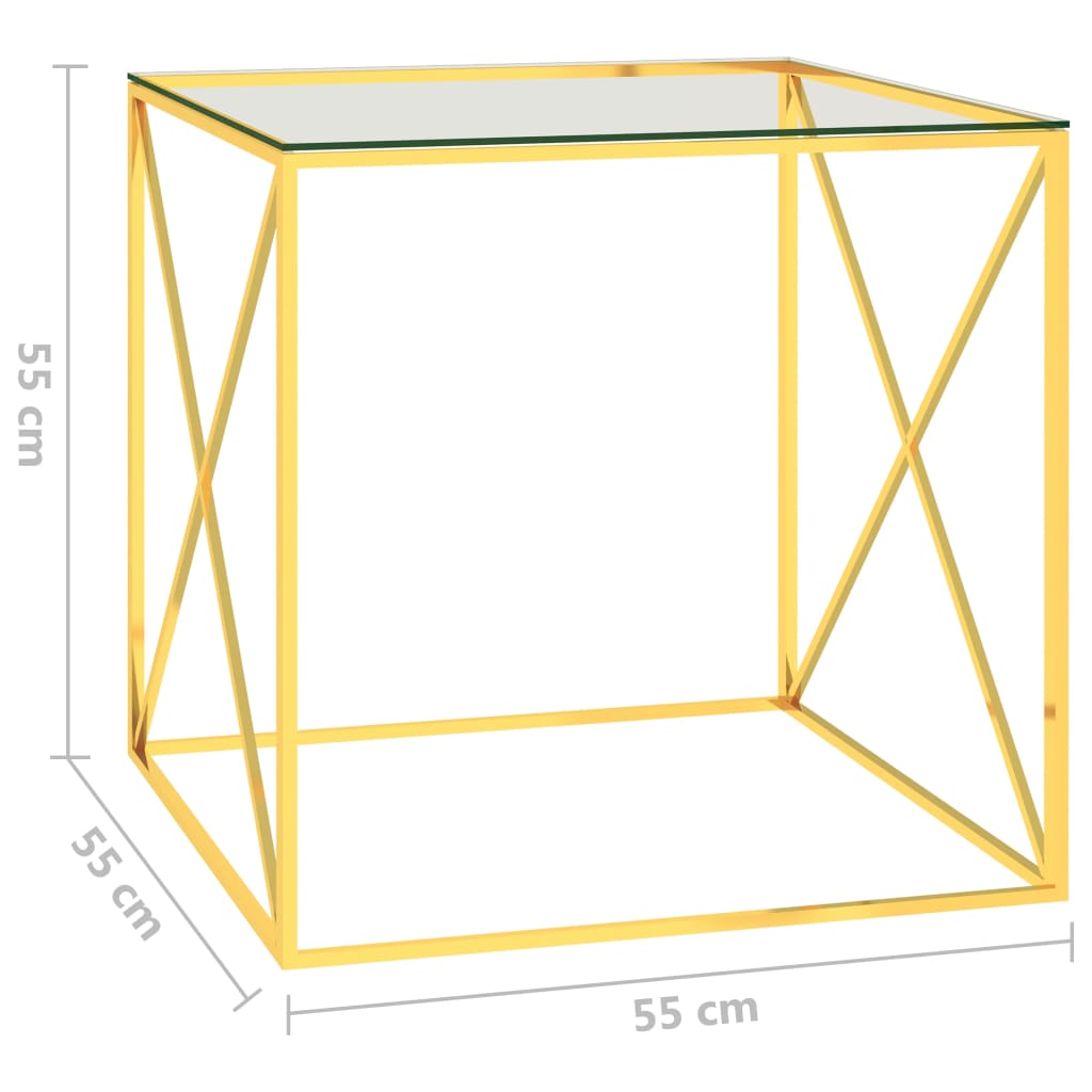 vidaXL Mesa de centro acero inoxidable y vidrio dorado 55x55x55 cm