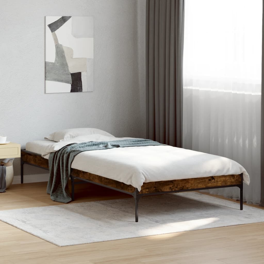 vidaXL Estructura cama madera ingeniería metal roble humo 75x190 cm