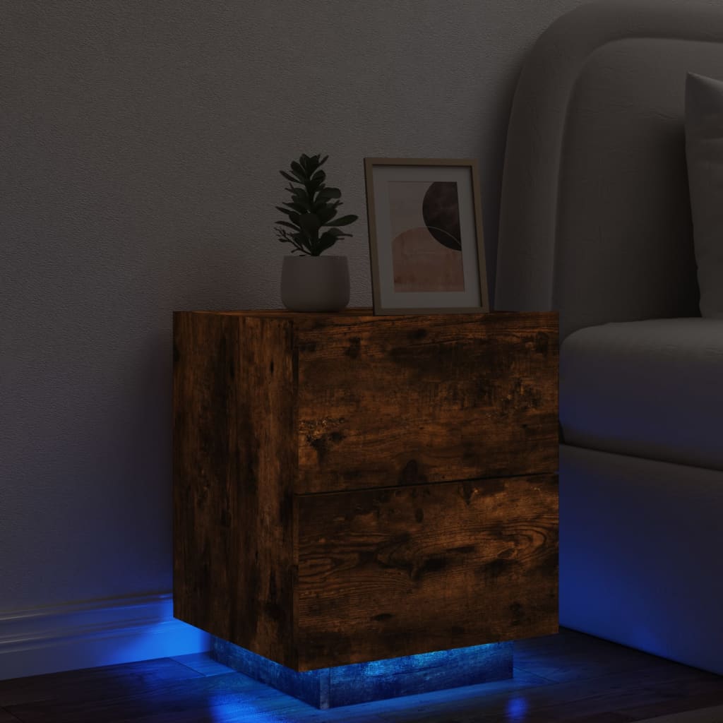 vidaXL Mesita de noche con luces LED madera ingeniería roble ahumado
