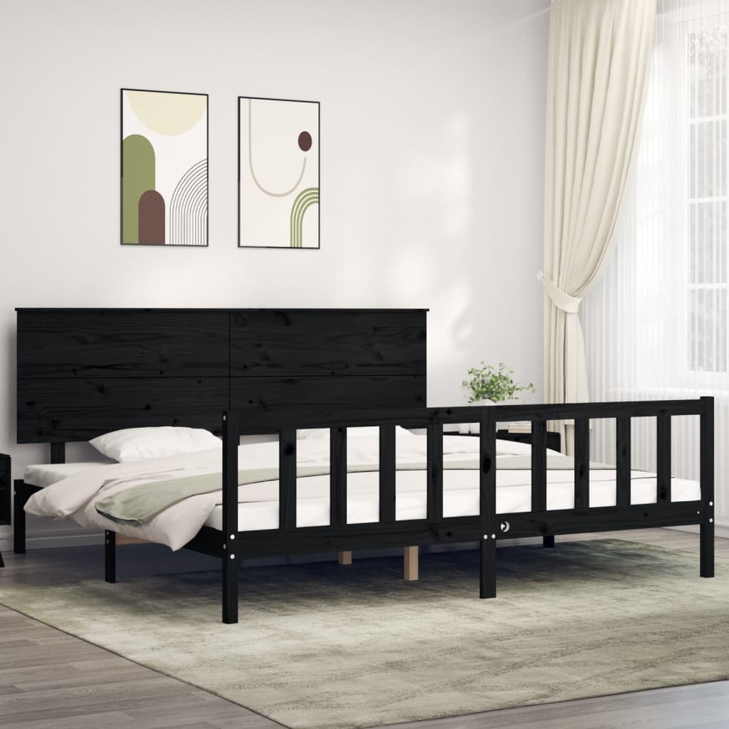 vidaXL Estructura cama de matrimonio con cabecero madera maciza negro