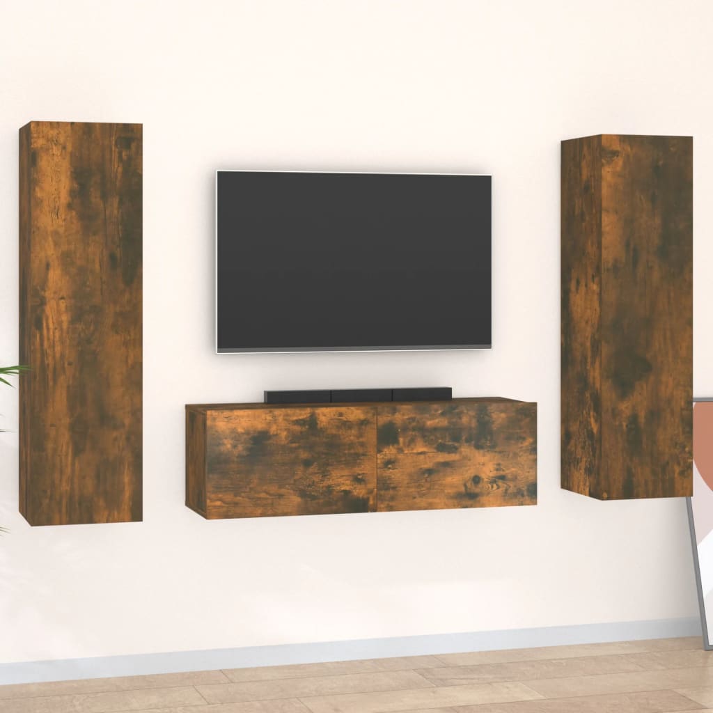 vidaXL Set de muebles de TV 3 pzas madera contrachapada roble ahumado