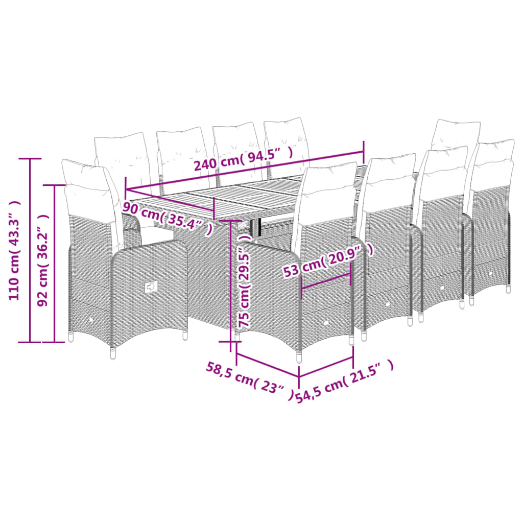 vidaXL Set de mesa y sillas de jardín 11 pzas y cojines ratán PE gris