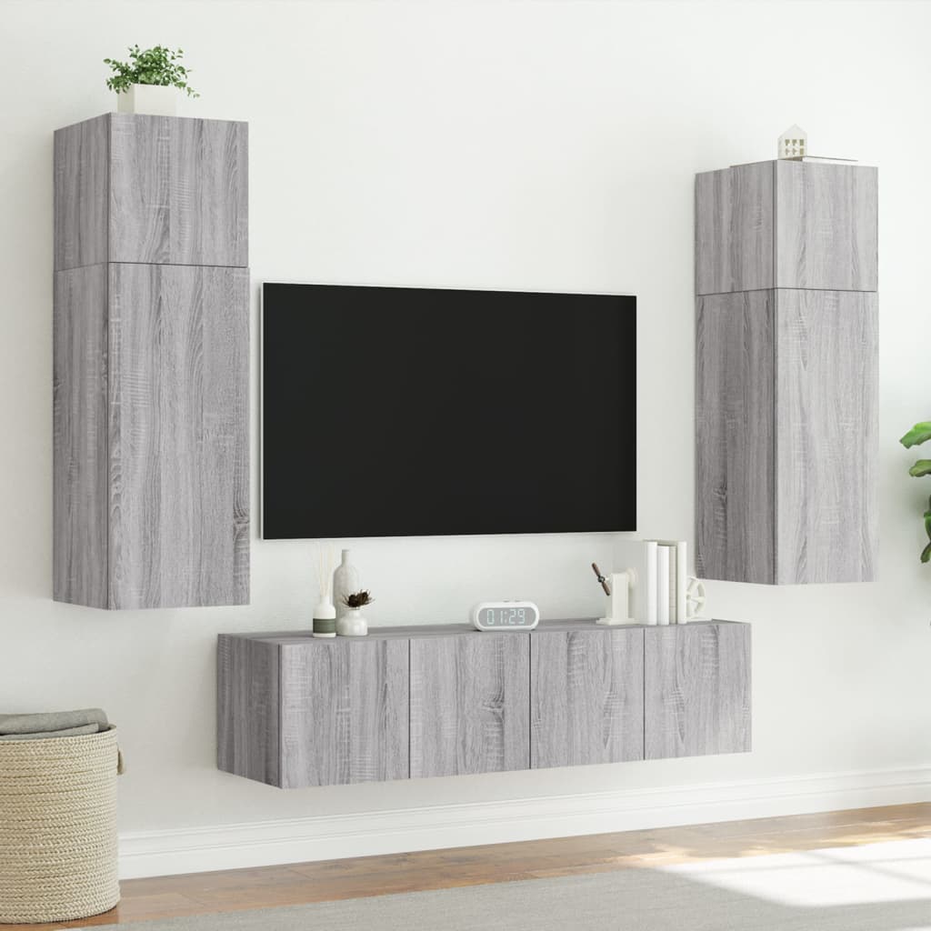 vidaXL Muebles TV pared con LED 6 pzas madera ingeniería gris Sonoma