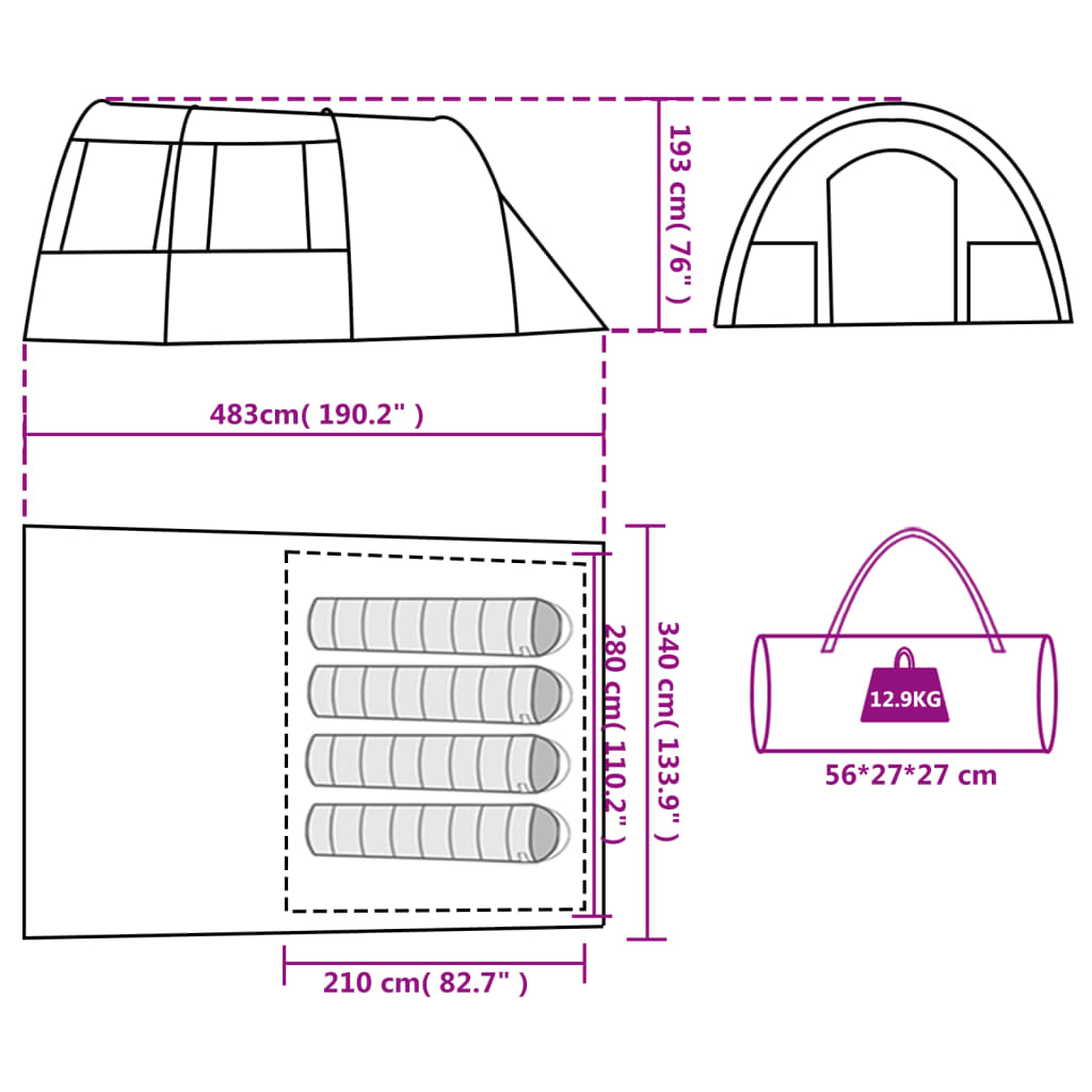 vidaXL Tienda de campaña túnel para 4 personas impermeable verde