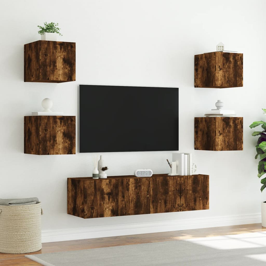 vidaXL Muebles TV pared con LED 6 pzas madera ingeniería roble ahumado