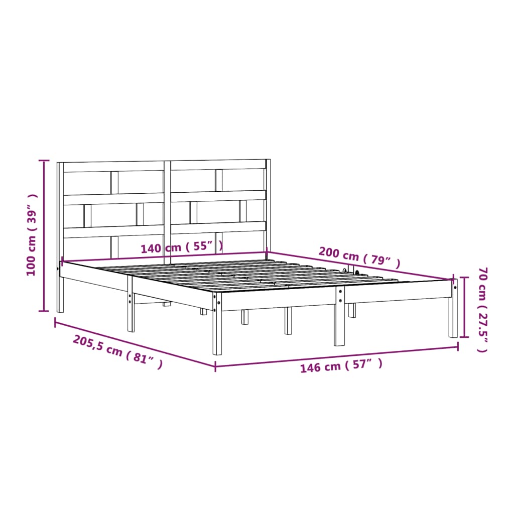 vidaXL Estructura de cama de madera maciza de pino negro 140x200 cm