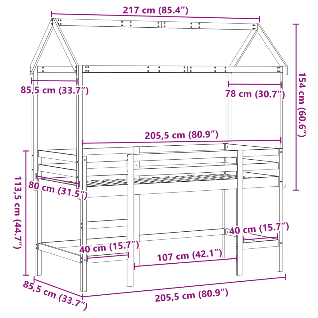 vidaXL Cama alta con escalera y techo madera maciza de pino 80x200 cm