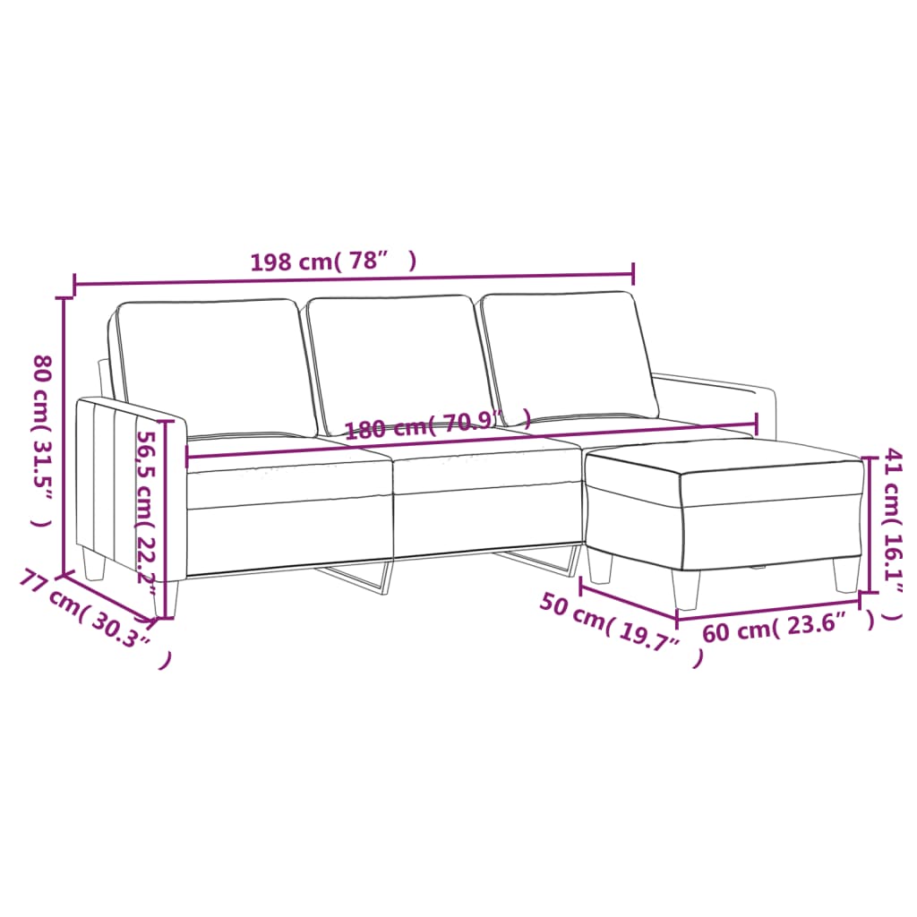 vidaXL Sofá de 3 plazas con taburete de tela negro 180 cm