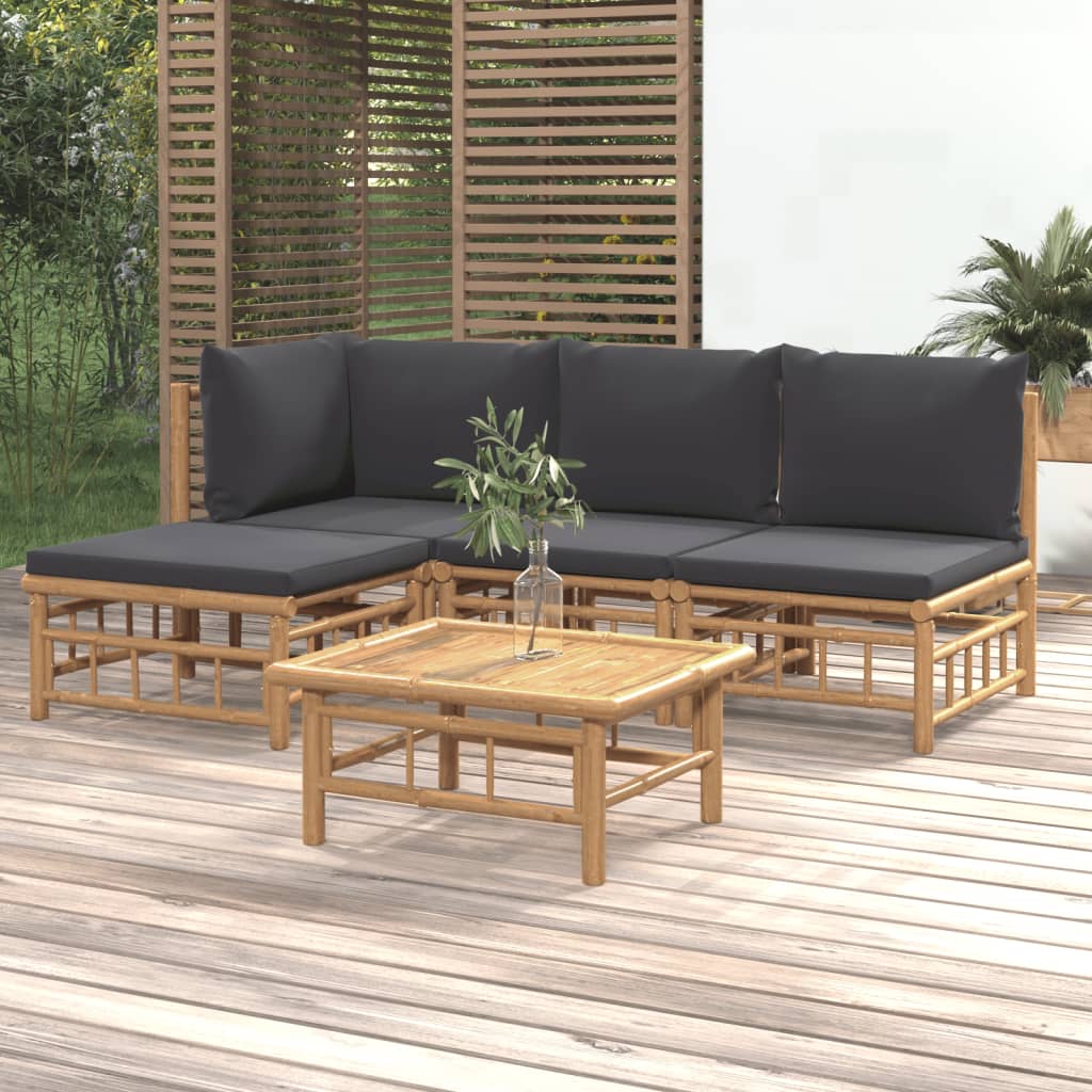 vidaXL Set de muebles de jardín 5 piezas bambú con cojines gris oscuro