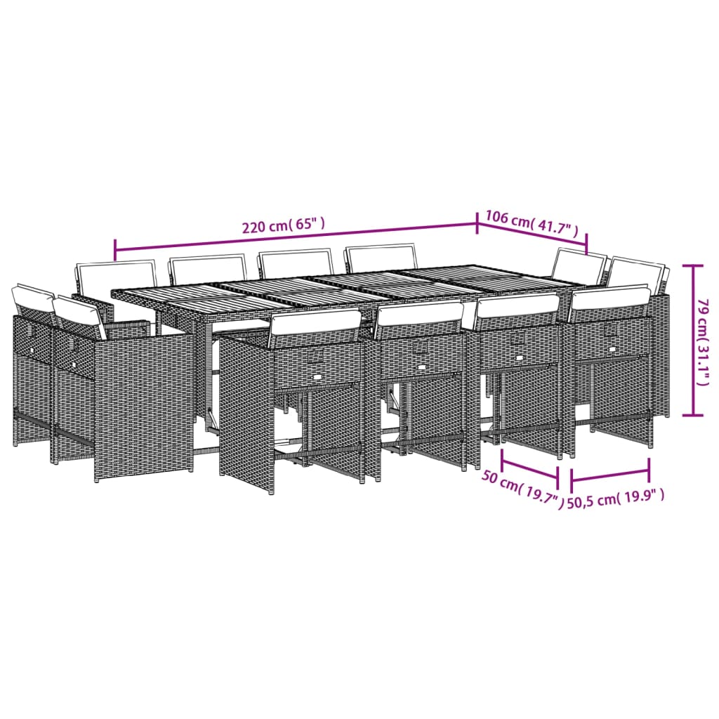 vidaXL Set comedor jardín y cojines 13 pzas ratán sintético gris claro