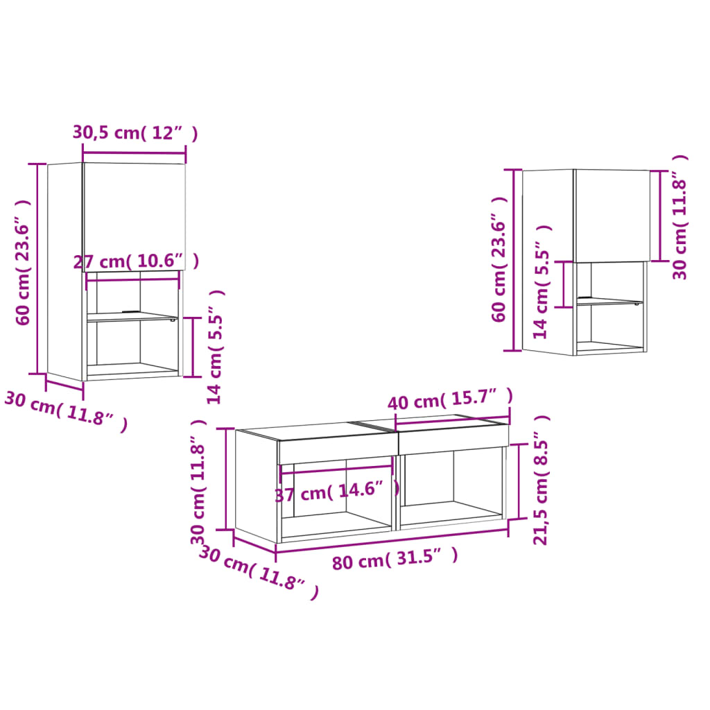 vidaXL Muebles de TV de pared con luces LED 4 piezas gris hormigón