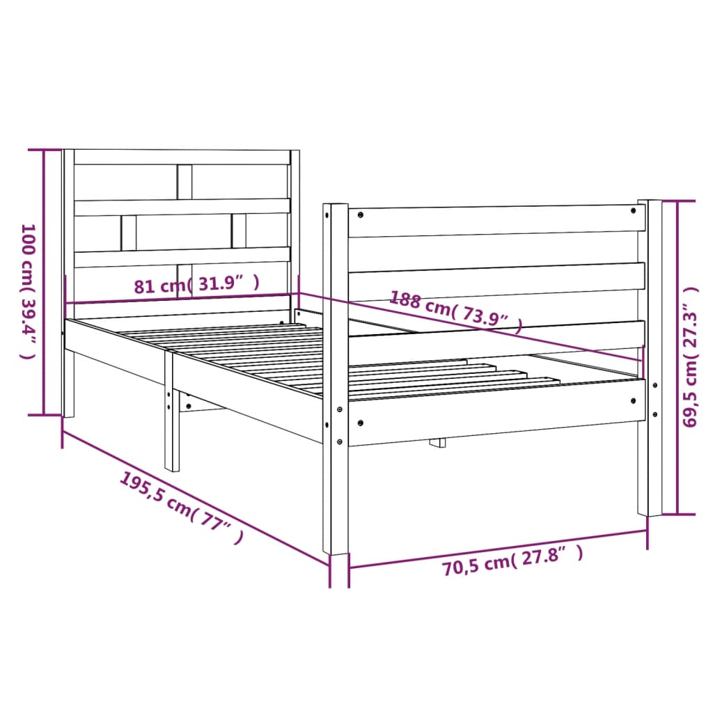 vidaXL Estructura cama madera maciza individual negro 75x190 cm