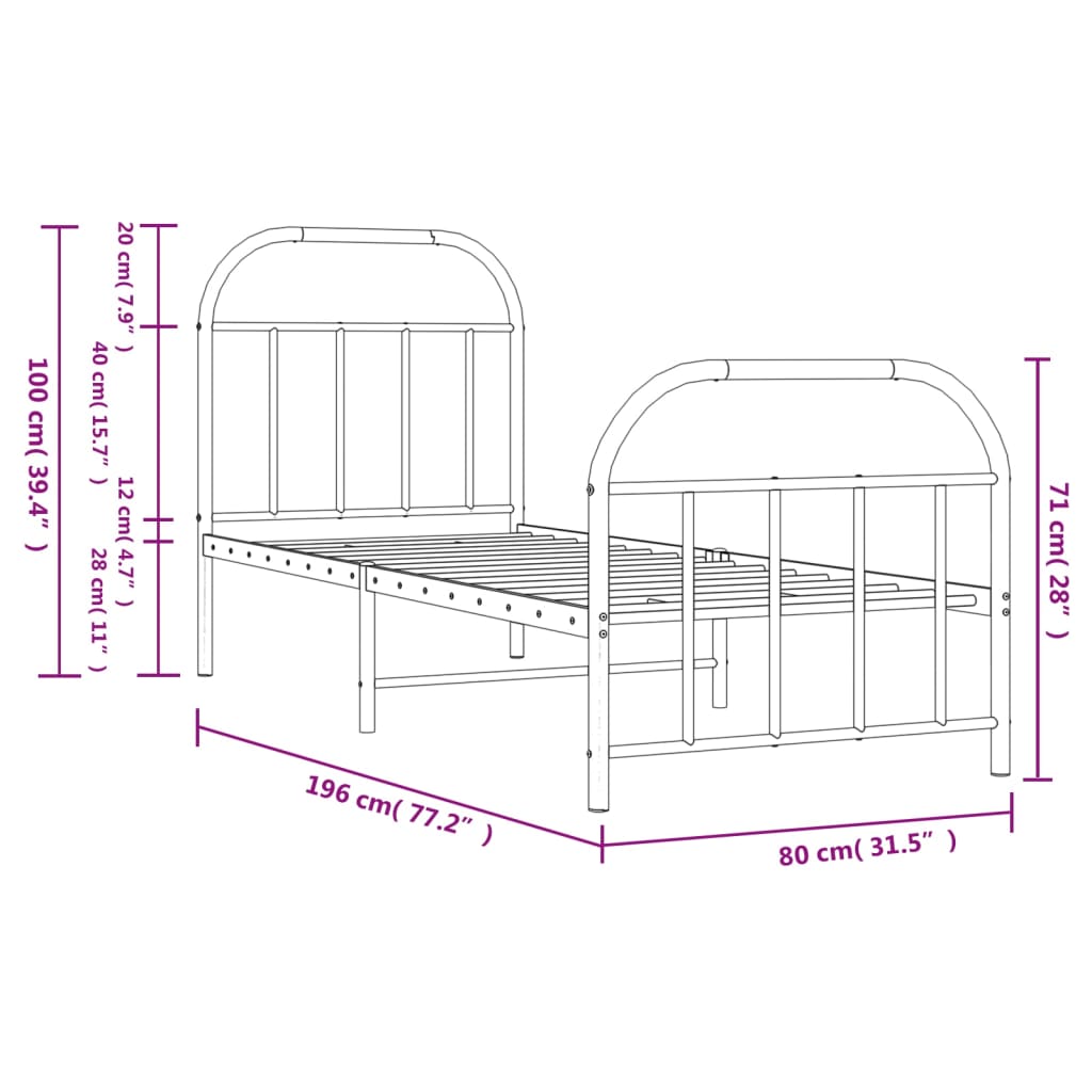 vidaXL Estructura de cama con cabecero y estribo metal negro 75x190 cm