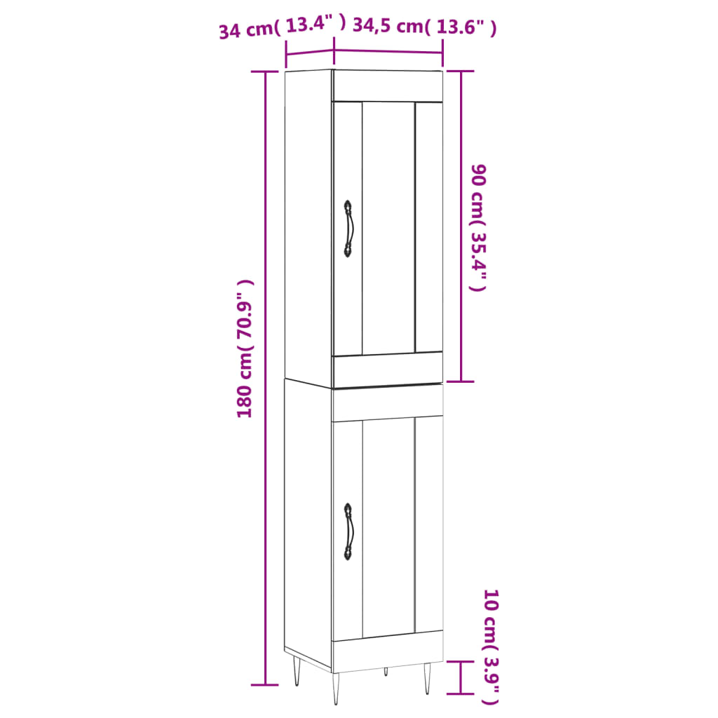 vidaXL Aparador alto madera contrachapada gris Sonoma 34,5x34x180 cm