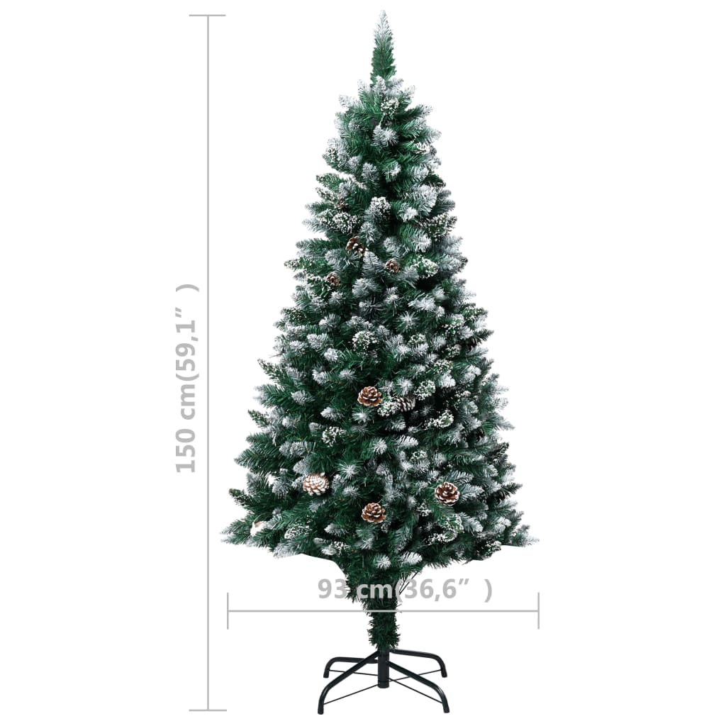 vidaXL Árbol de Navidad helado con luces, bolas y piñas 150 cm