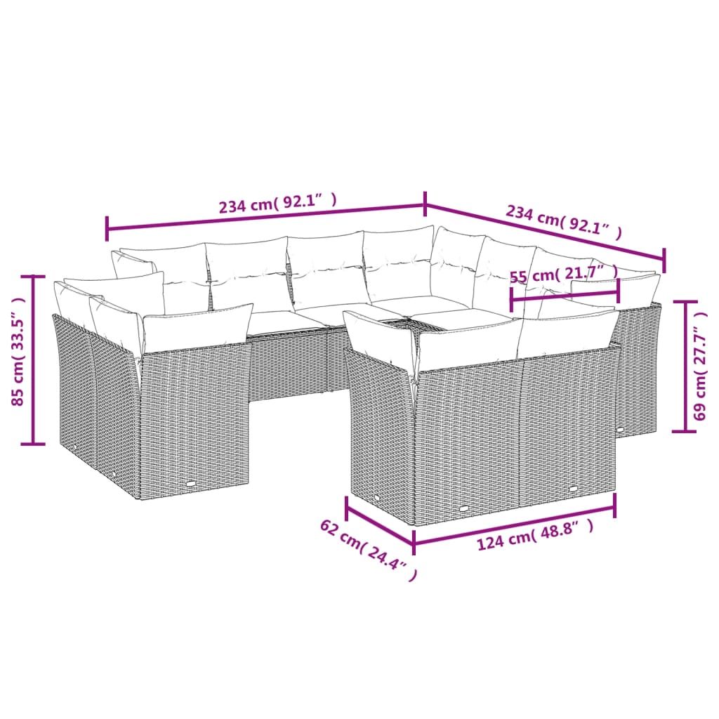 vidaXL Set de sofás de jardín 11pzas con cojines ratán sintético beige