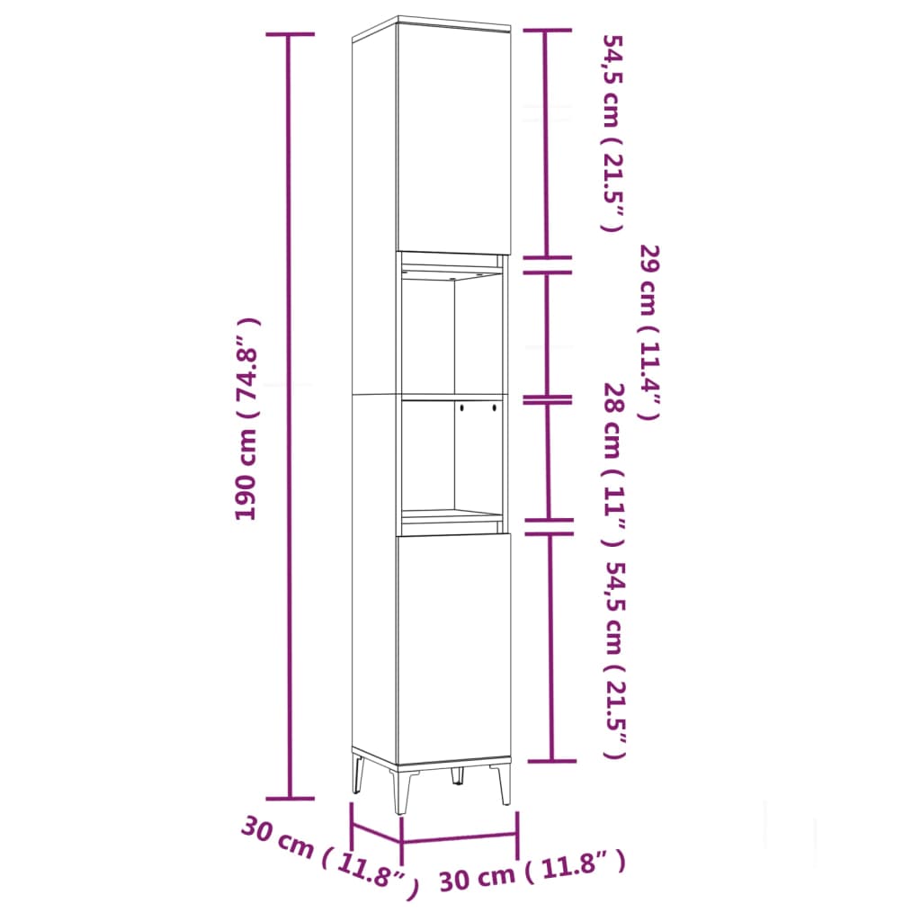 vidaXL Armario de baño madera contrachapada gris hormigón 30x30x190 cm