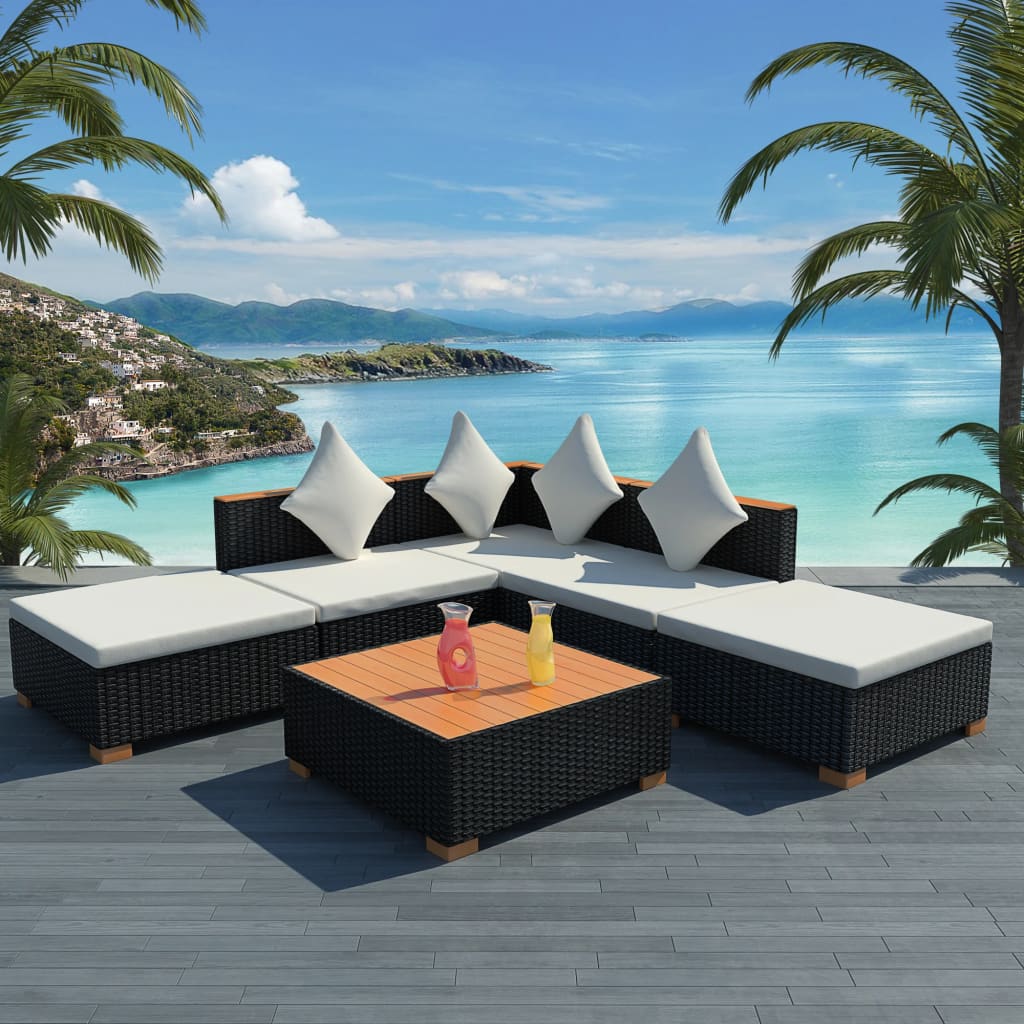 vidaXL Set muebles de jardín 6 piezas y cojines ratán sintético negro