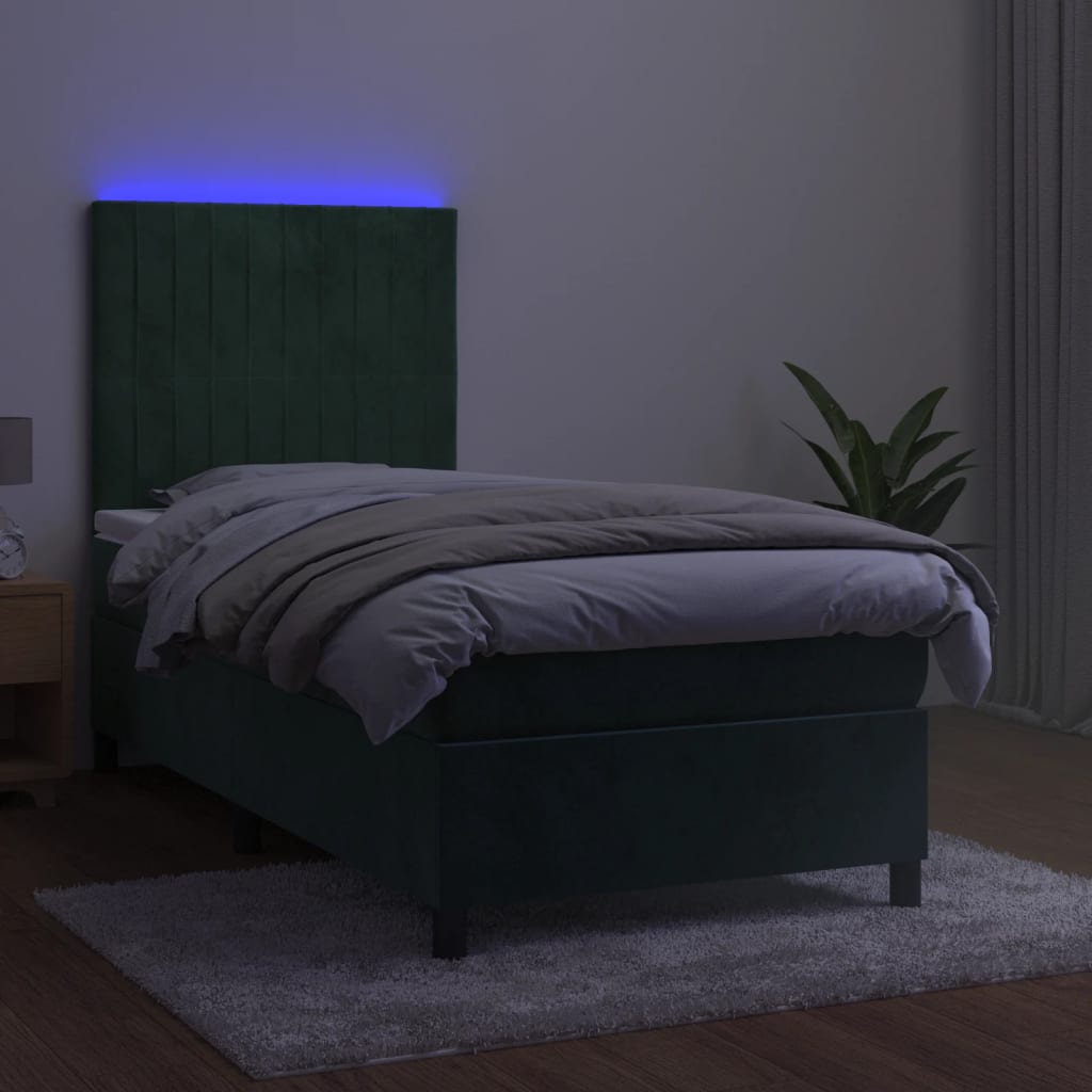 vidaXL Cama box spring colchón y LED terciopelo verde oscuro 90x190 cm