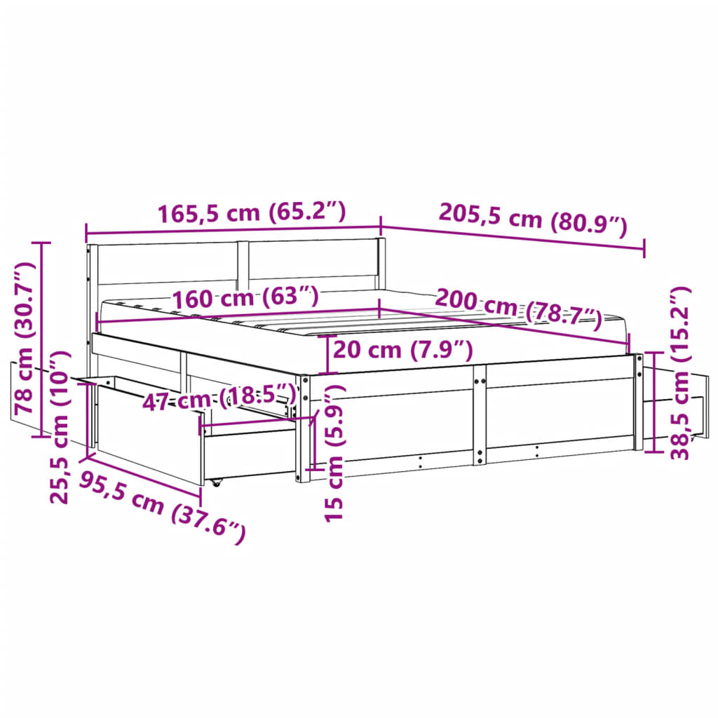 vidaXL Cama con cajones y colchón madera maciza pino blanca 160x200 cm