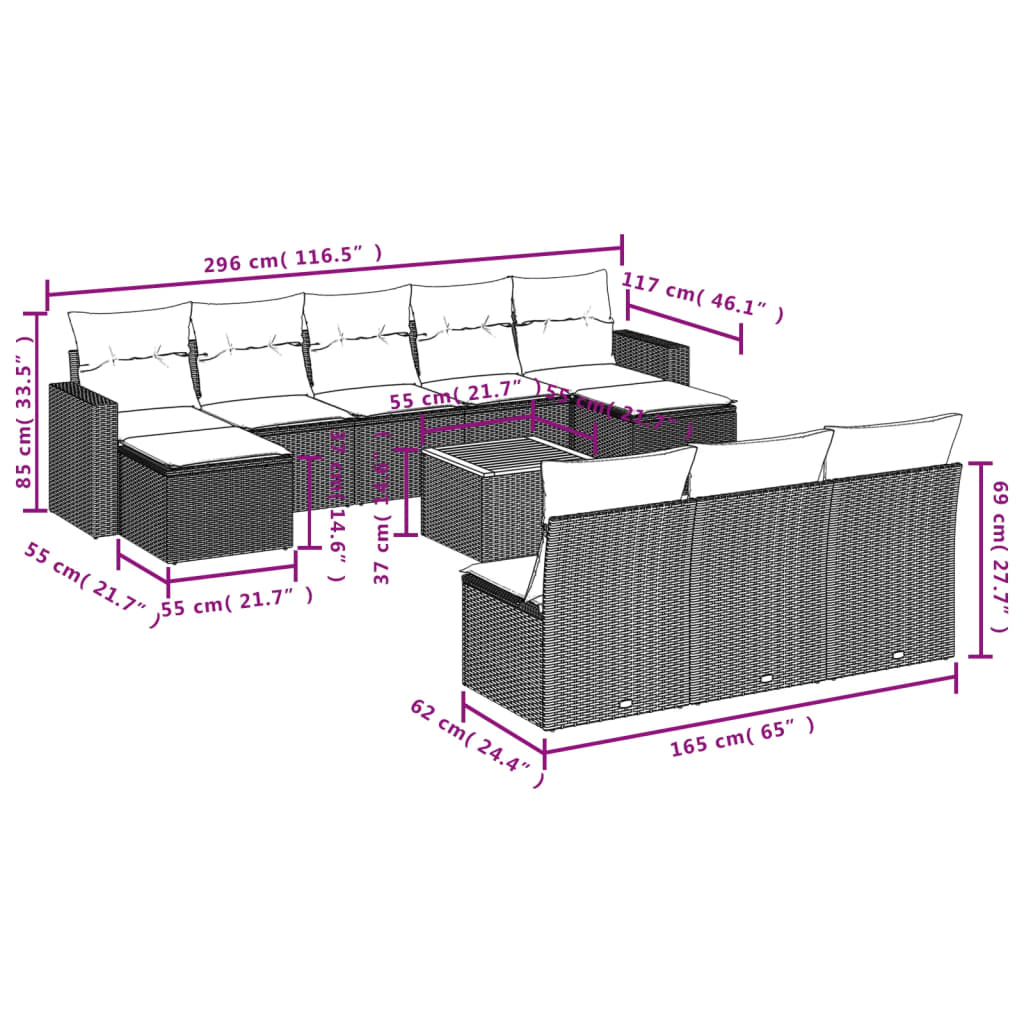 vidaXL Set de sofás de jardín 11 pzas y cojines ratán sintético negro