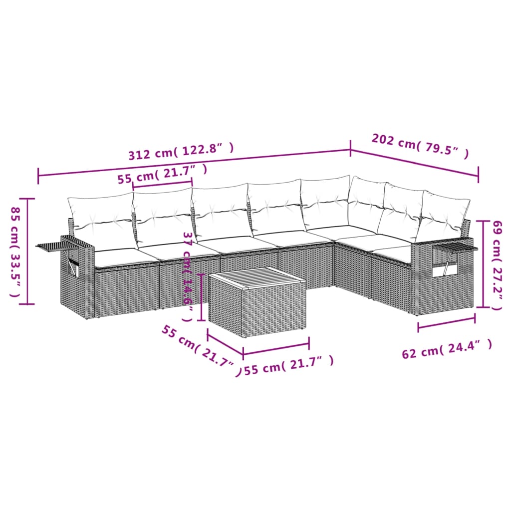 vidaXL Set de sofás de jardín 8 pzas y cojines ratán sintético gris