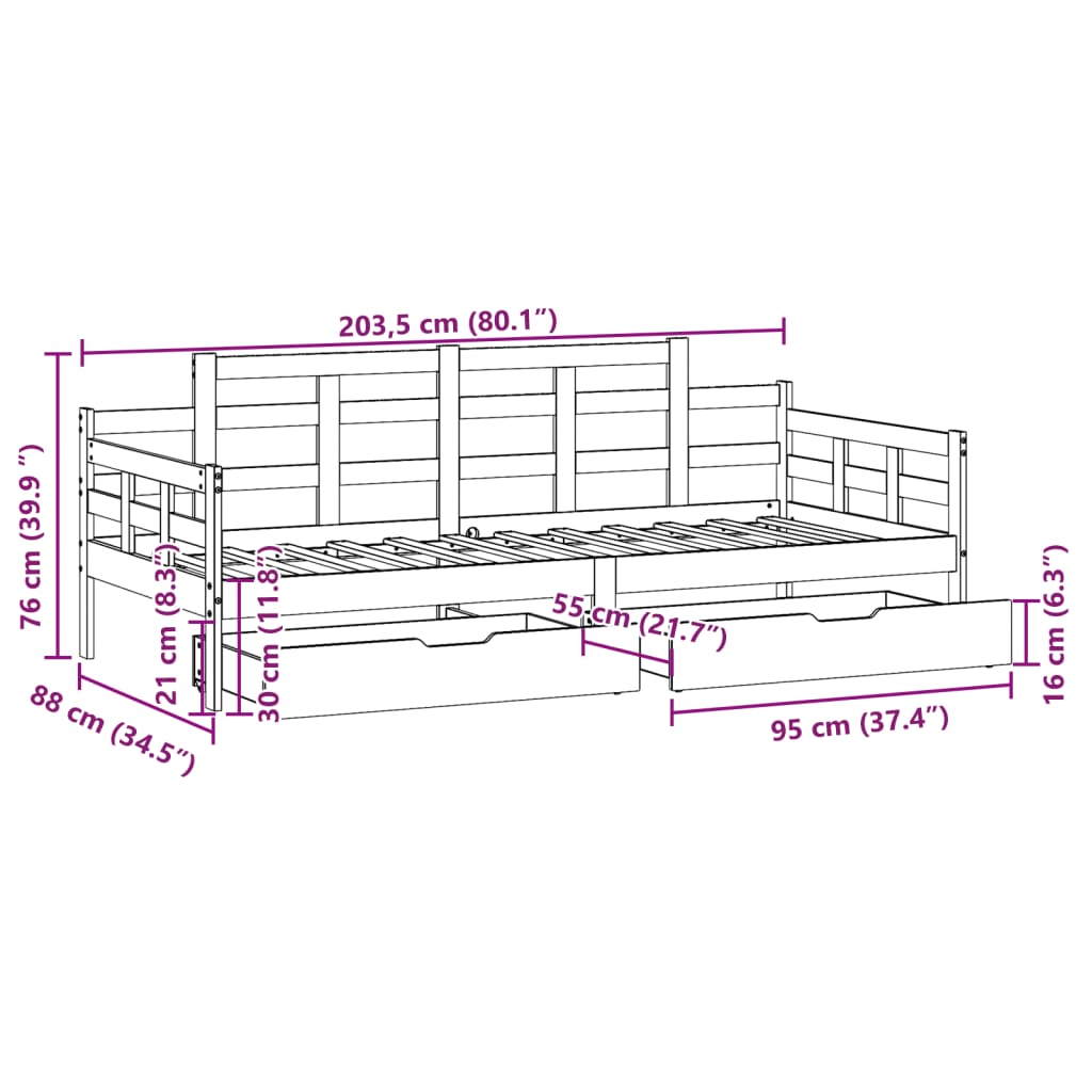 vidaXL Sofá cama con cajones madera maciza de pino 80x200 cm