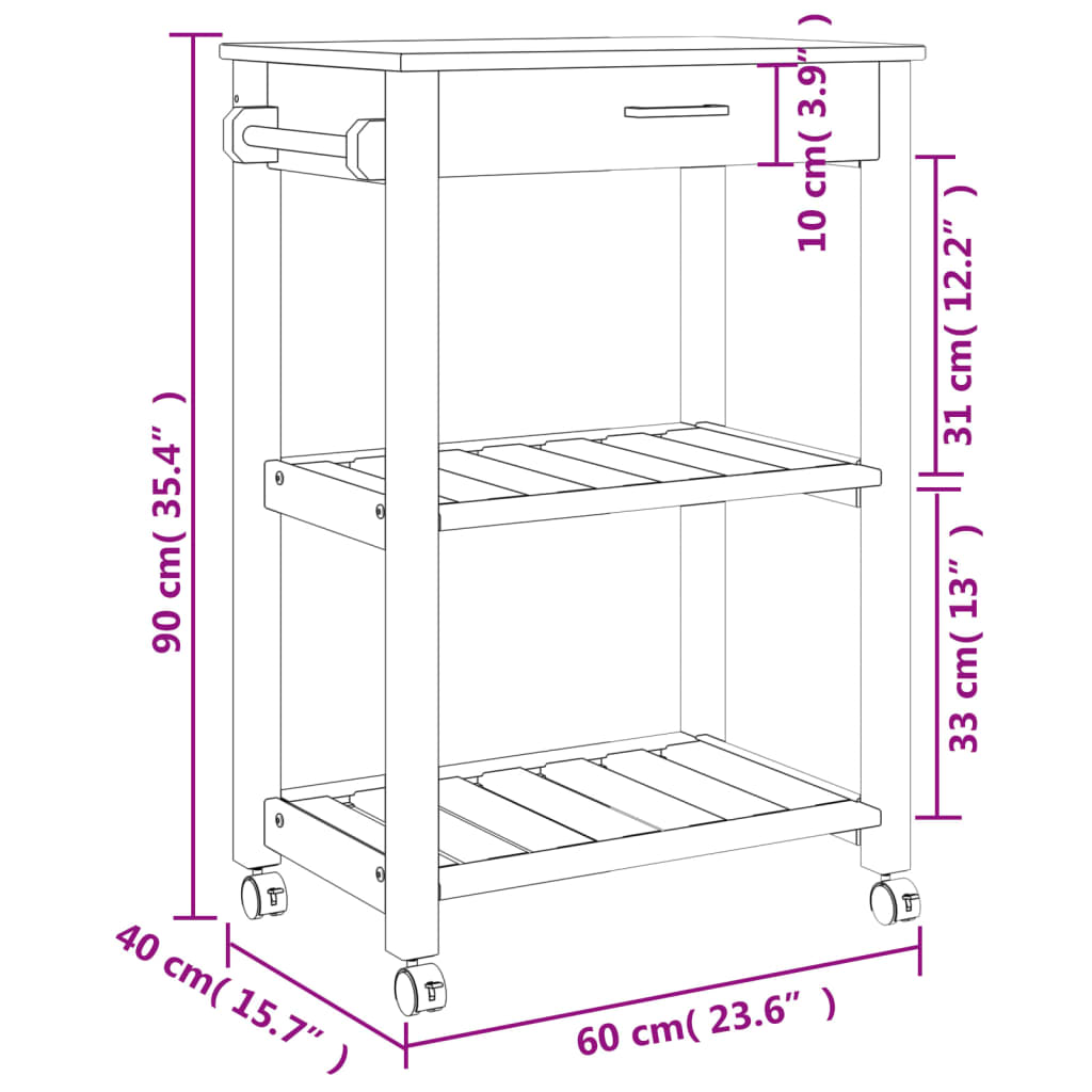 vidaXL Carrito de cocina MONZA madera maciza de pino 60x40x90 cm