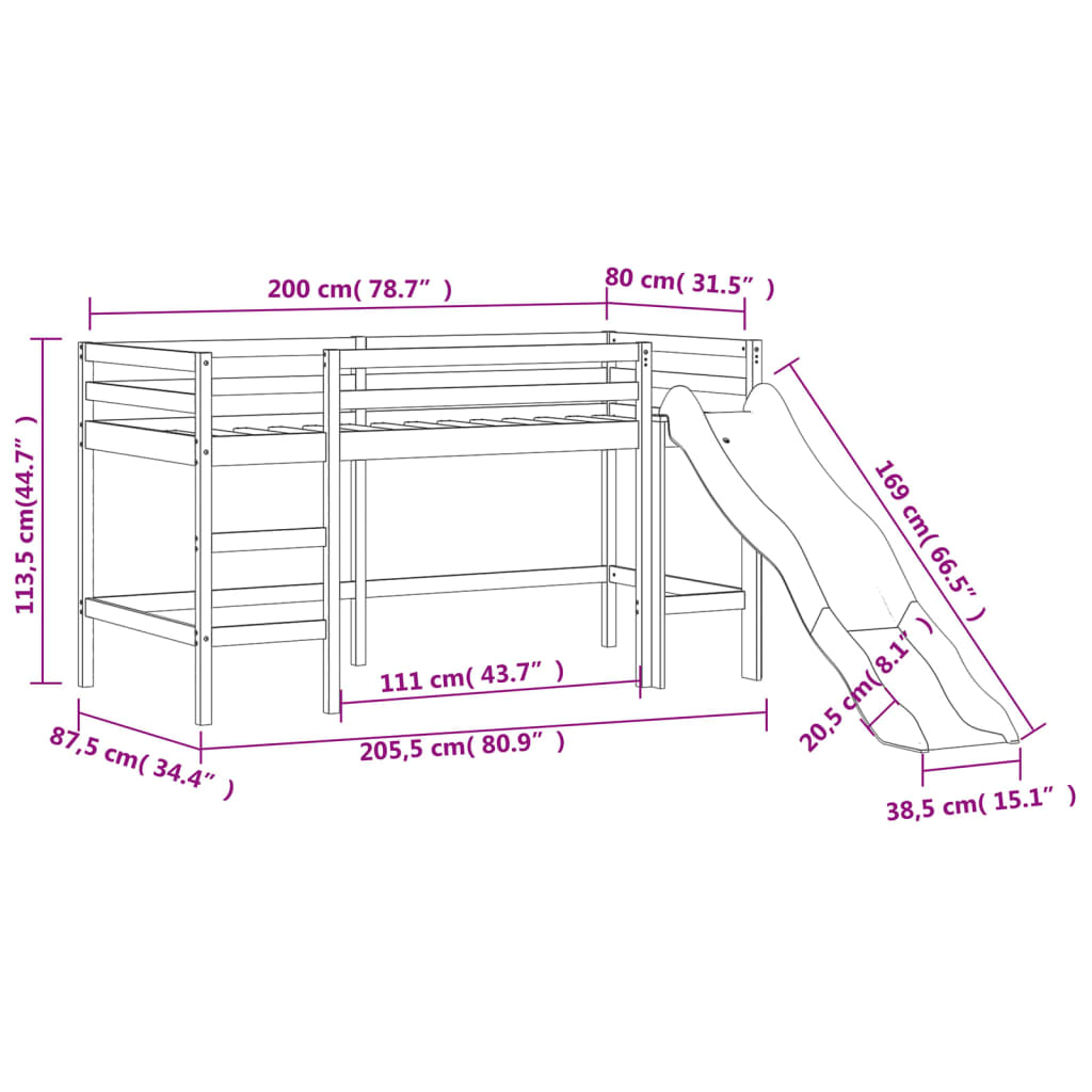 vidaXL Cama alta para niños con torre madera pino azul 80x200 cm