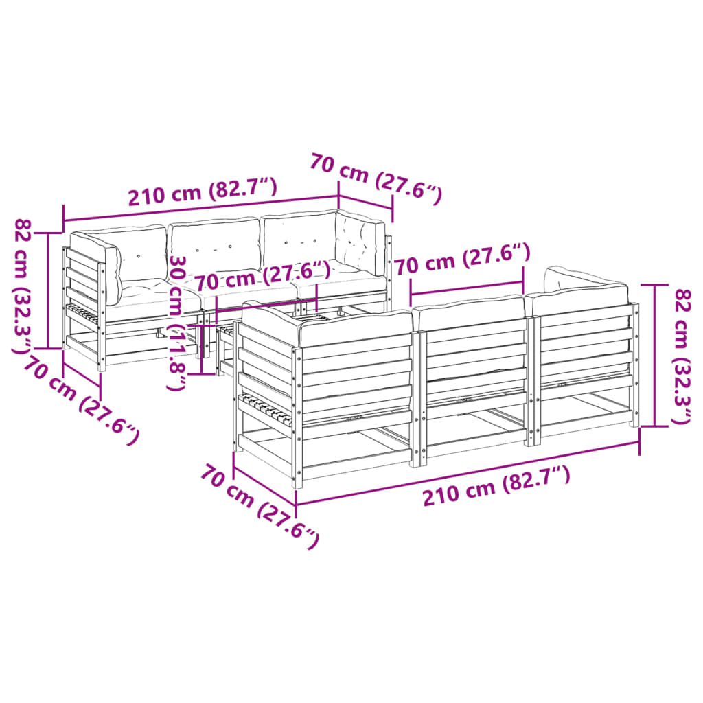 vidaXL Set de sofás jardín 7 pzas con cojines madera pino marrón cera