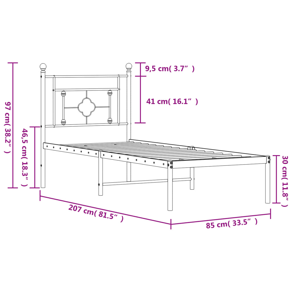 vidaXL Estructura cama sin colchón con cabecero metal negro 80x200 cm