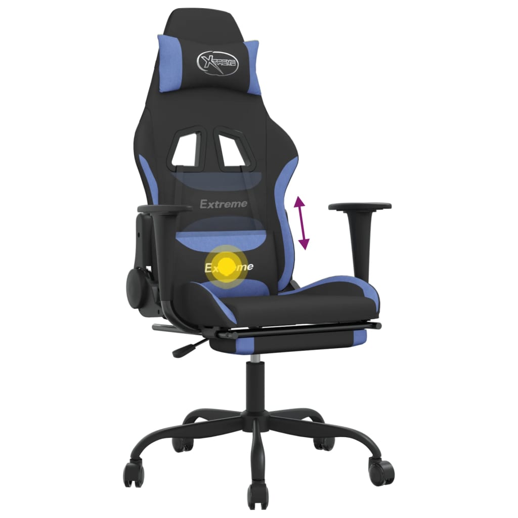 vidaXL Silla gaming de masaje con reposapiés tela negro y azul