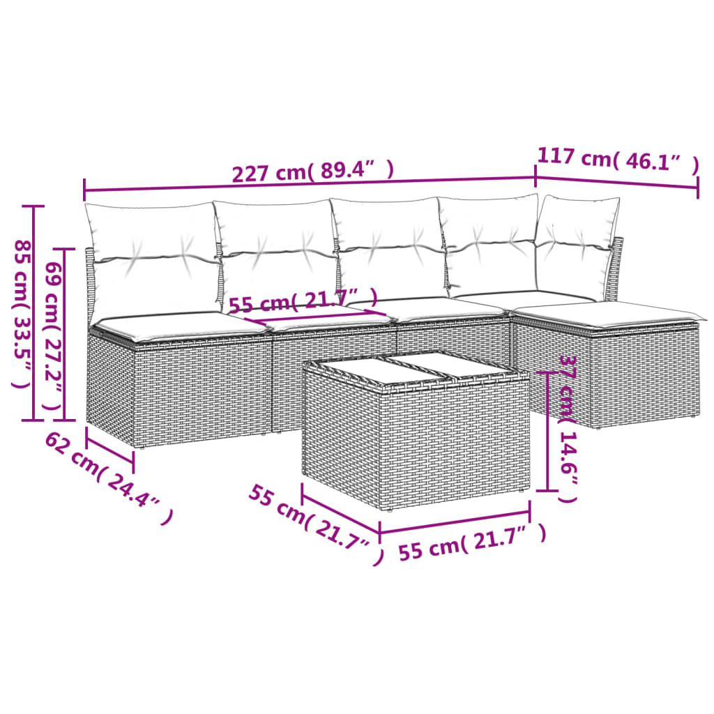 vidaXL Set de muebles de jardín 6 pzas y cojines ratán sintético gris