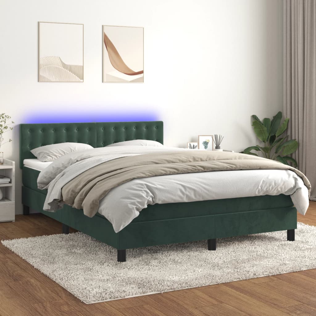 vidaXL Cama box spring colchón y LED terciopelo verde oscuro 140x190cm