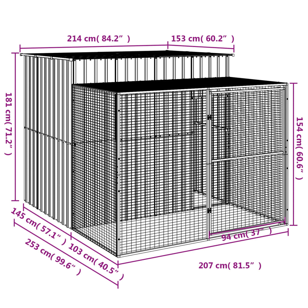 vidaXL Caseta perros corral acero galvanizado gris claro 214x253x181cm