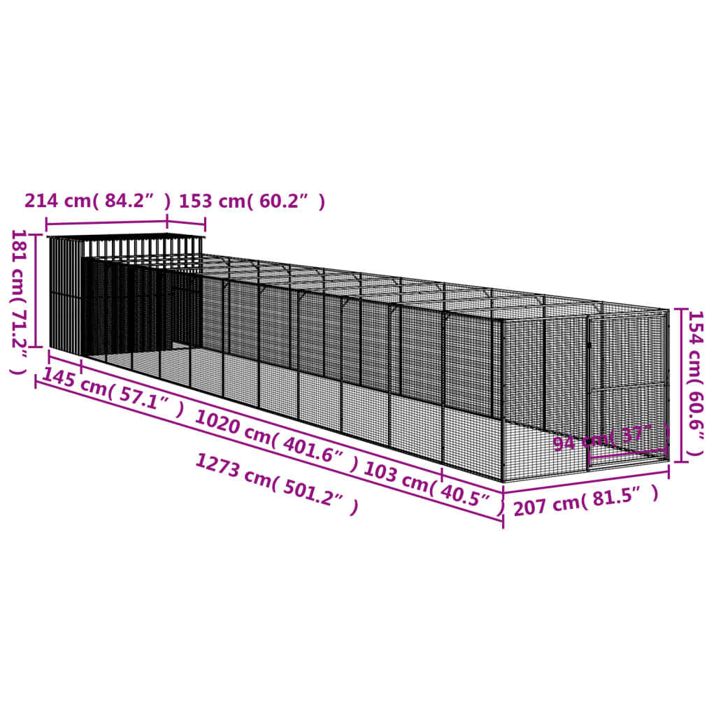 vidaXL Caseta perro corral acero galvanizado gris claro 214x1273x181cm